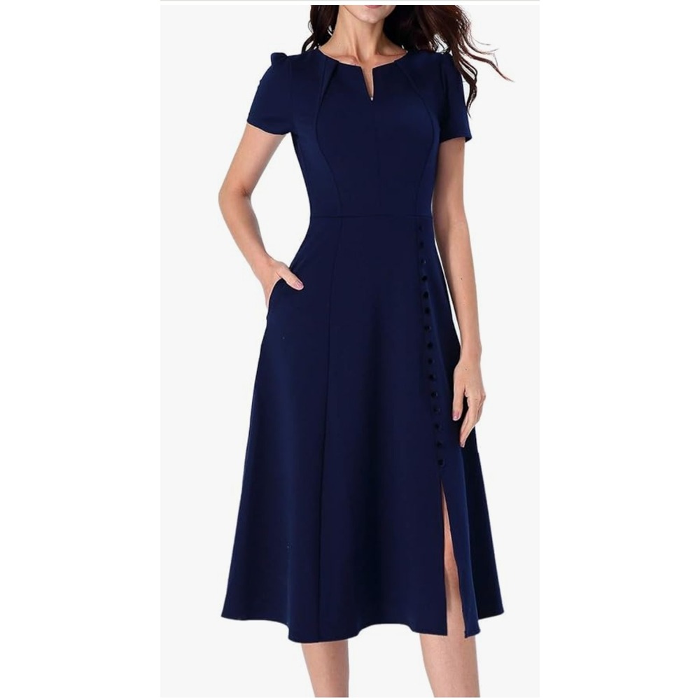 NEW Fit & Flare Dress Womens 3XL Navy Blue Notched Neck Puff Sleeve‎